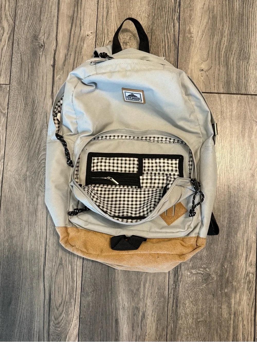 Steve Madden Barnet Avenue Gray Tan Backpack Faux Suede Laptop School Travel Bag